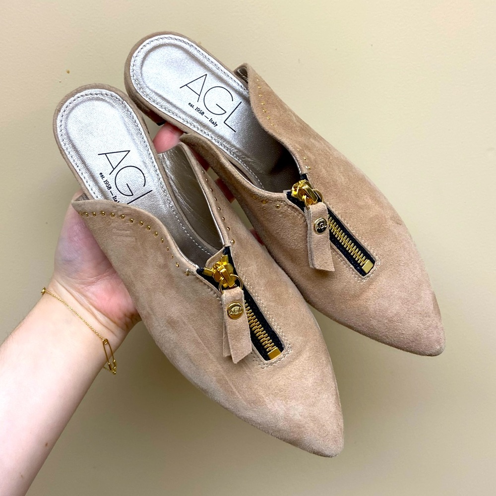 AGL Suede Zip Pointed Toe Studded Slides